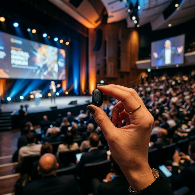 Live AI translation micro-receiver at a global corporate event