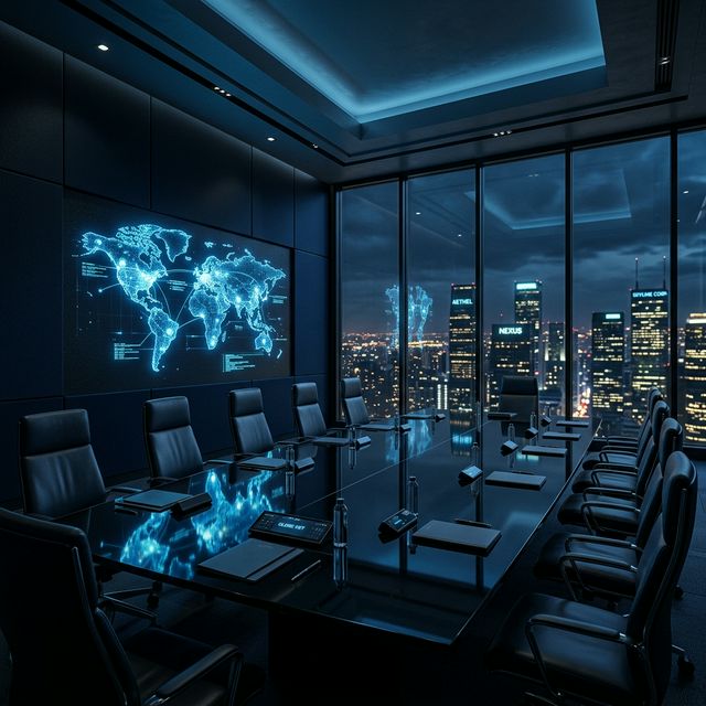 Corporate boardroom with global network display